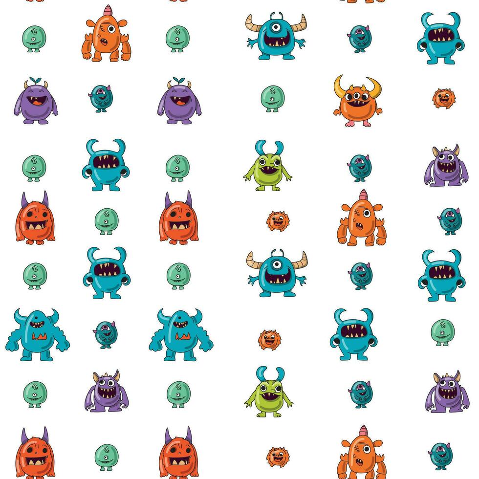 Cartoon monster characters seamless pattern and kids funny creatures vector background. Cute funny monsters and alien animal pattern of bizarre mutant, troll, yeti and goblins or cheerful gremlin