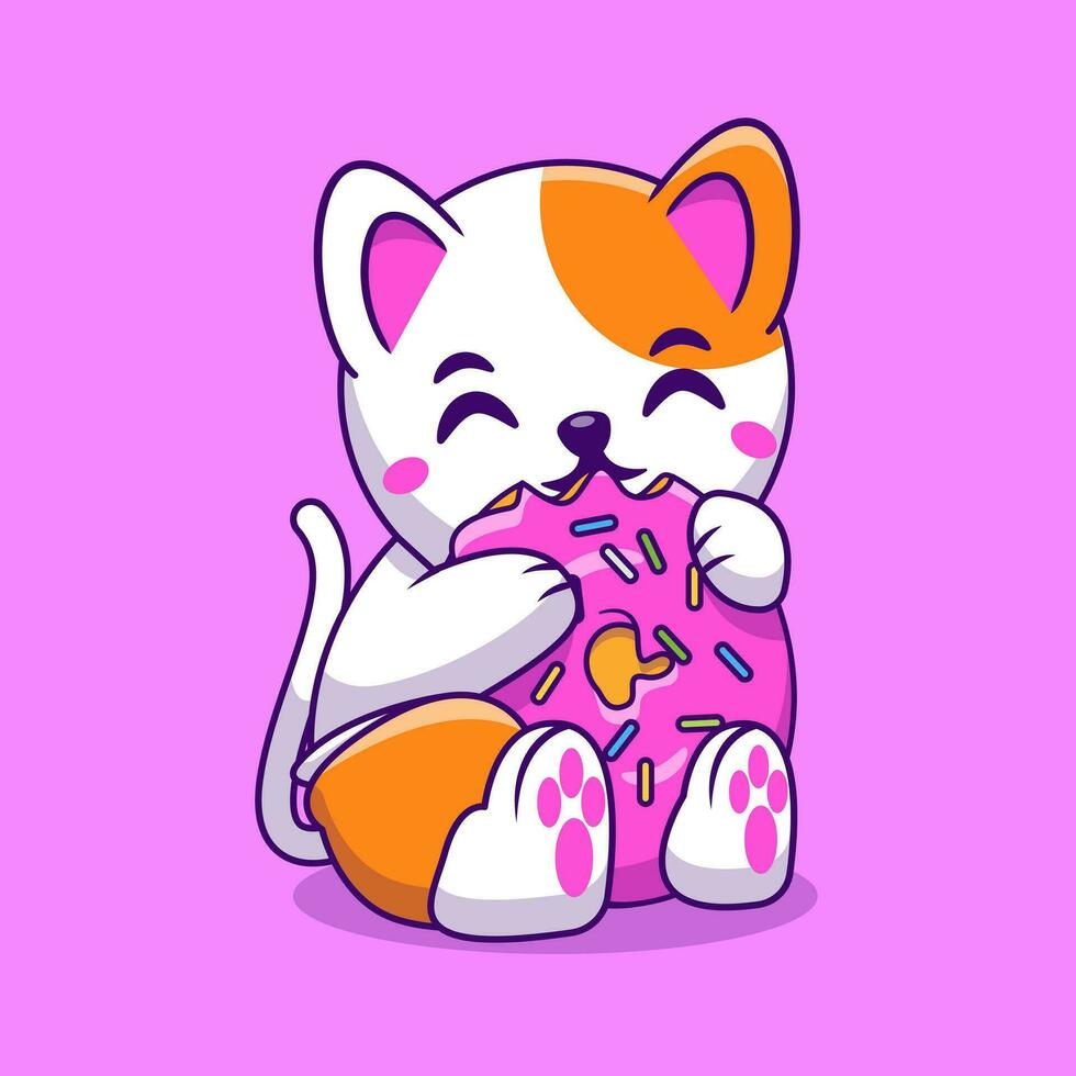 Cute Cat Eatting a Big Doughnut Cartoon Vector Illustration. Flat Cartoon Concept.