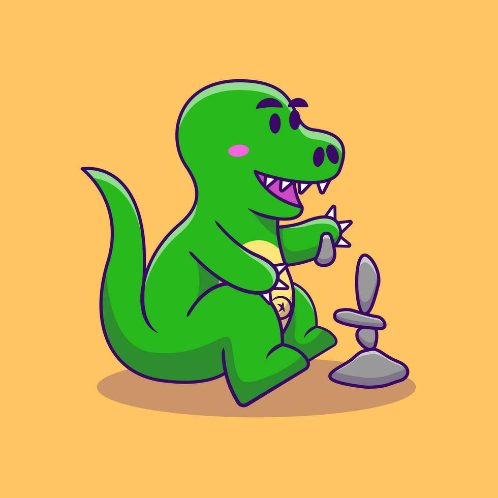 Cute Dino Playing Stone Cartoon Vector Illustration. Flat Cartoon Concept.