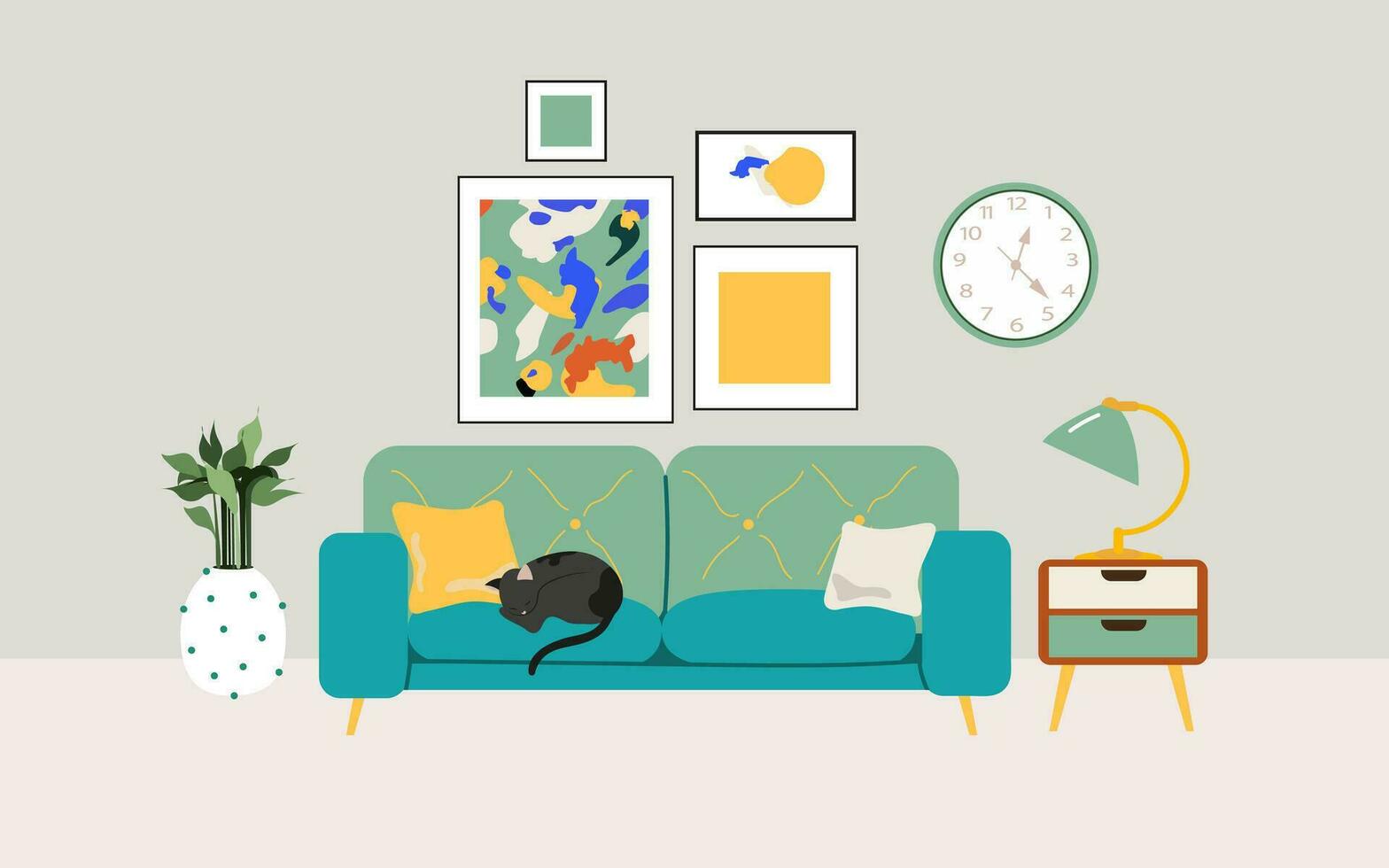Living room interior, furniture, design elements, modern home. Vector flat style collection of furniture for house.
