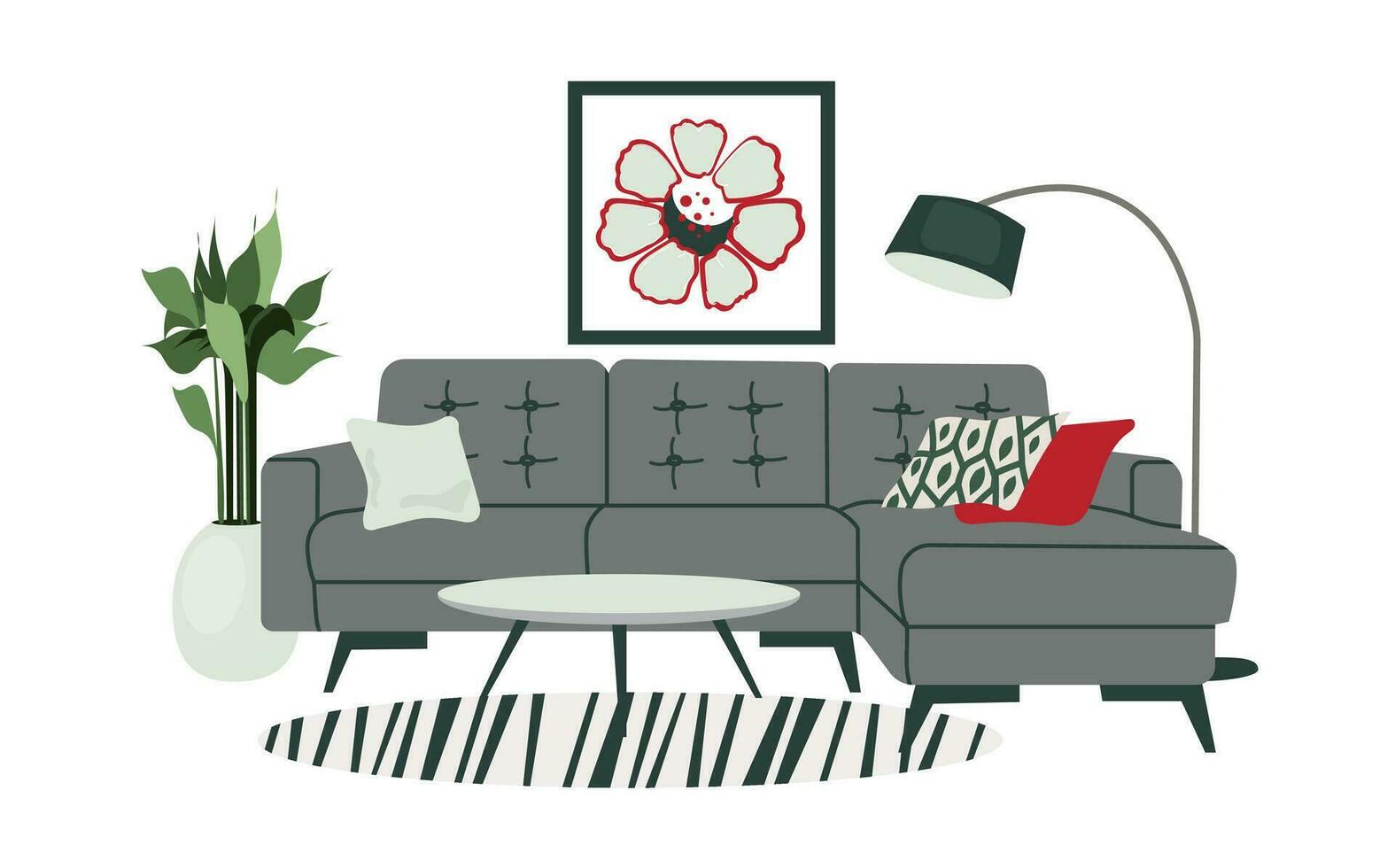 Living room interior, furniture, design elements, modern home. Vector flat style collection of furniture for house.