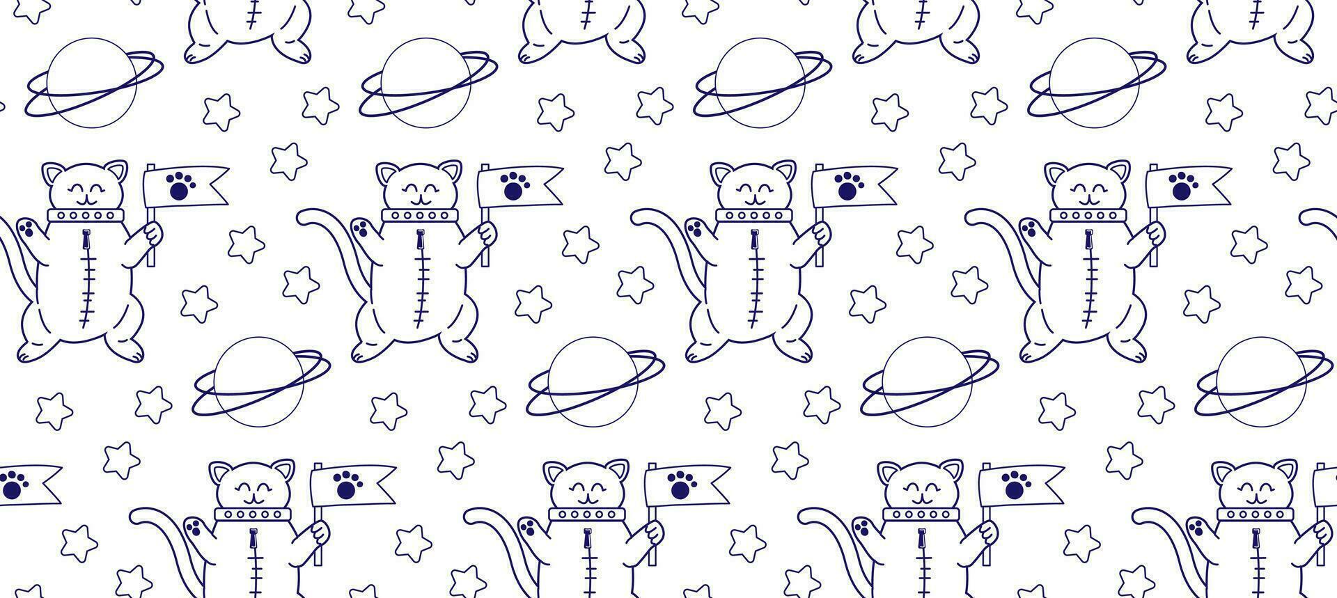Linear pattern with cute cats in space. Vector seamless pattern of pet characters in doodle style.