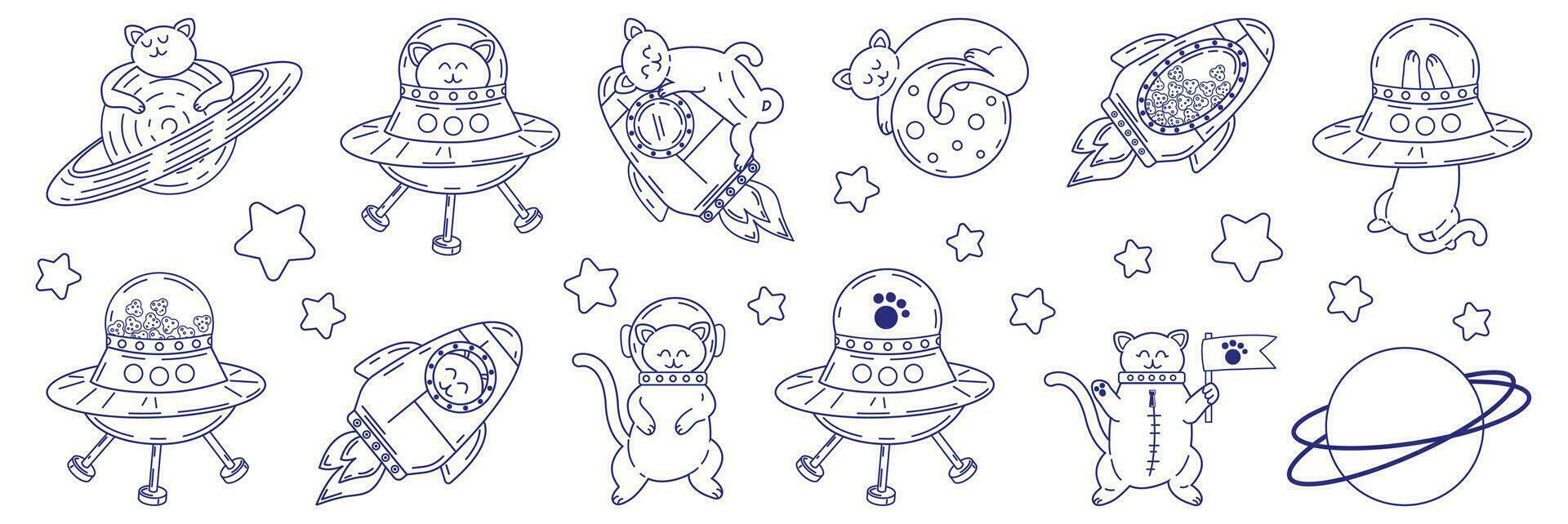 Linear drawing with cute cats in space. Vector illustration of pets in doodle style.