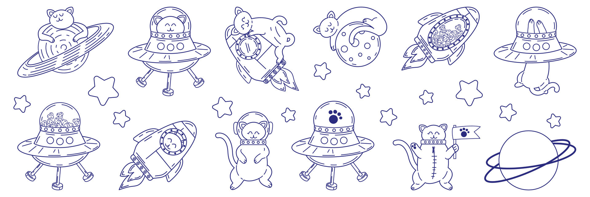 Linear drawing with cute cats in space. Vector illustration of pets in