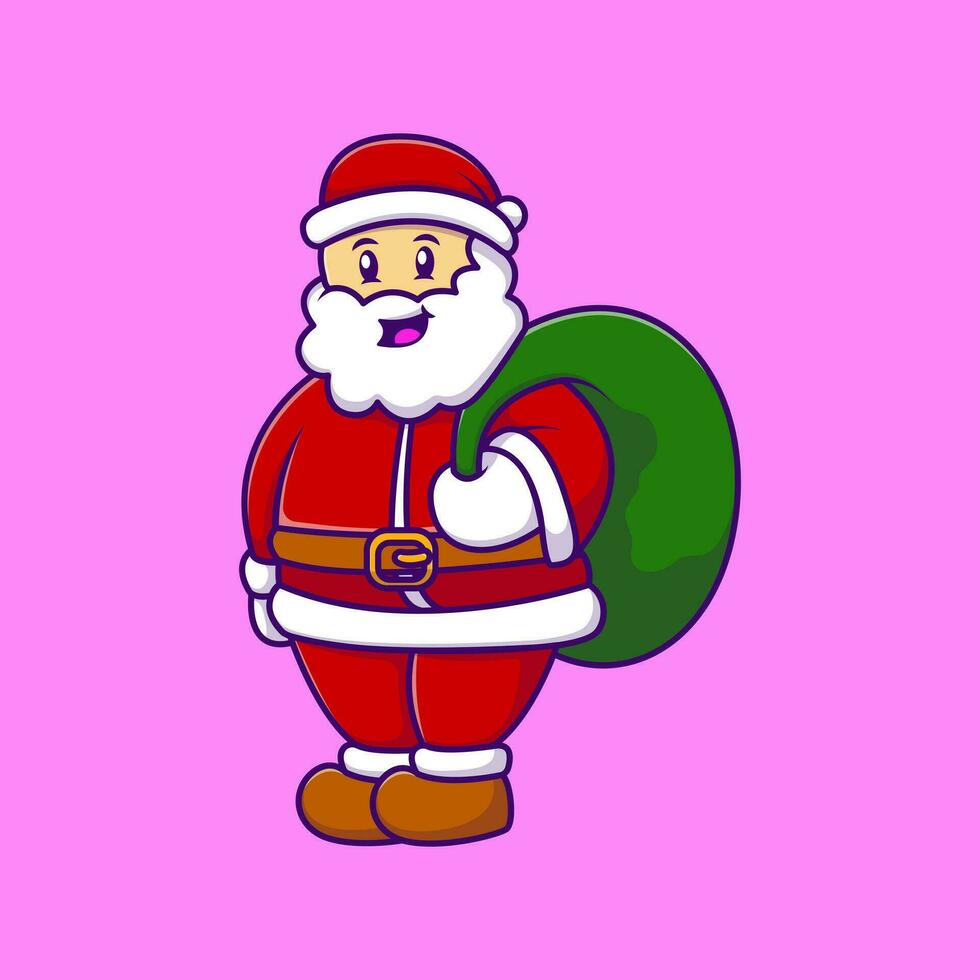 Papa Noel claus participación regalo bolso dibujos animados vector ilustración. plano dibujos animados concepto.