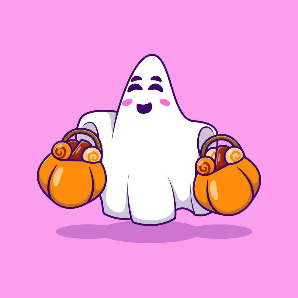 Cute Ghost Bring Candy Basket Pumpkin Cartoon Vector Illustration. Flat Cartoon Concept.