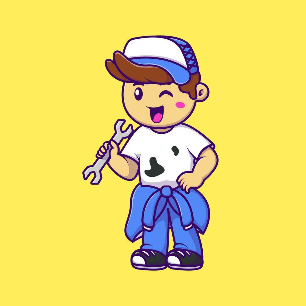 Mechanic Boy Cartoon Vector Illustration. Flat Cartoon Concept.