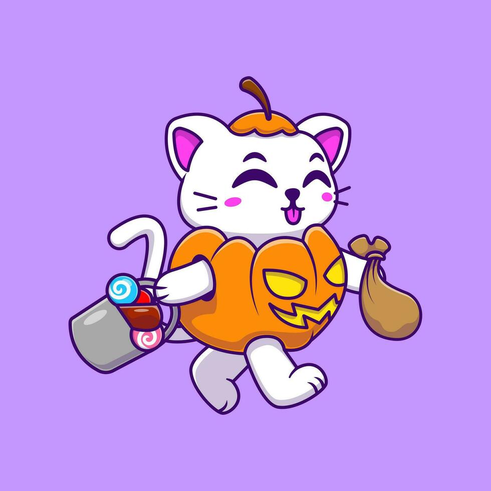 Cute Cat Pumpkin Halloween Holding Candy Lollipop Basket Cartoon Vector Illustration. Flat Cartoon Concept.