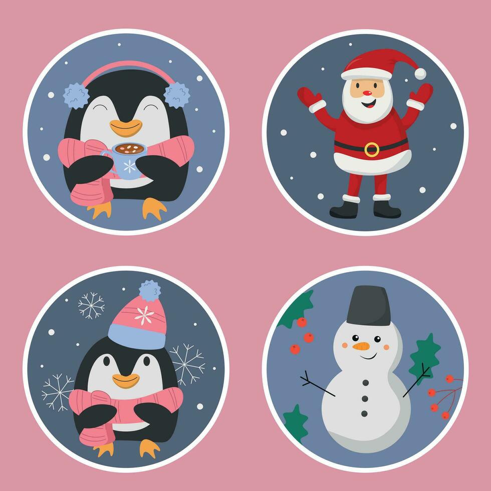 Vector Christmas stickers with penguin, Santa Claus and snowman