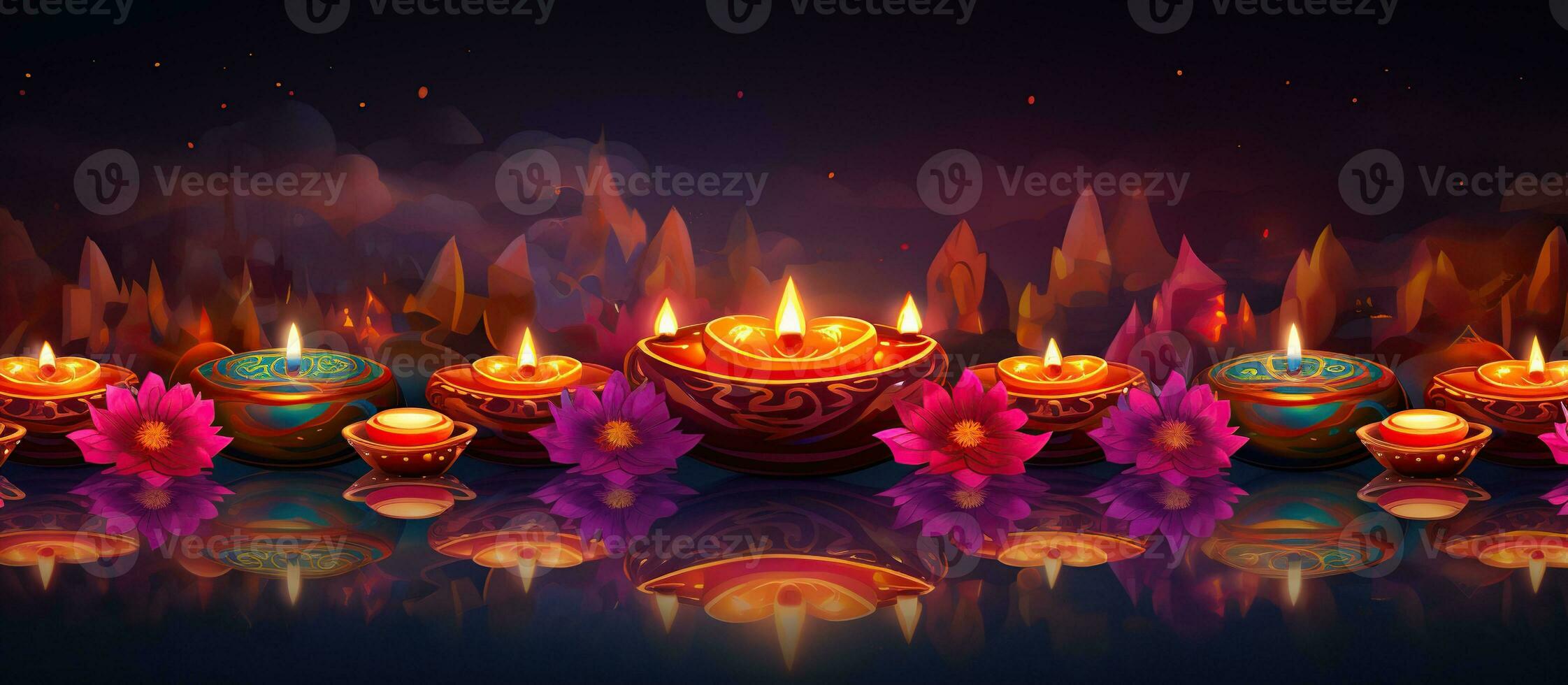 Glowing candles for Indian holiday Diwali Festival of lights on dark background photo