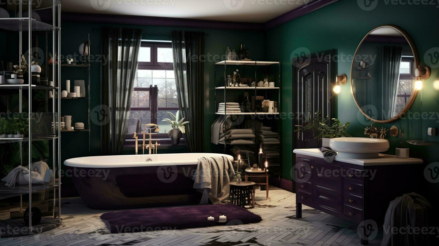 Bathroom, violet and dark green colors. Interior design photo