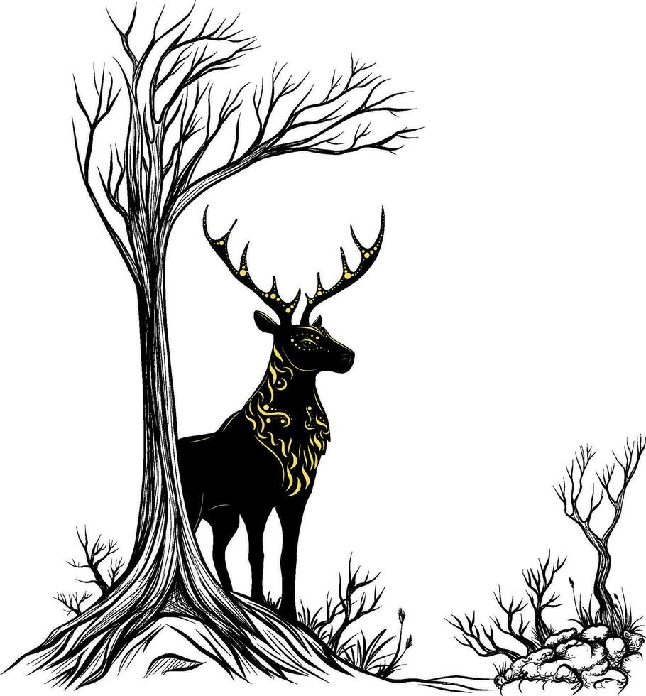 magical stag under a bald tree vector