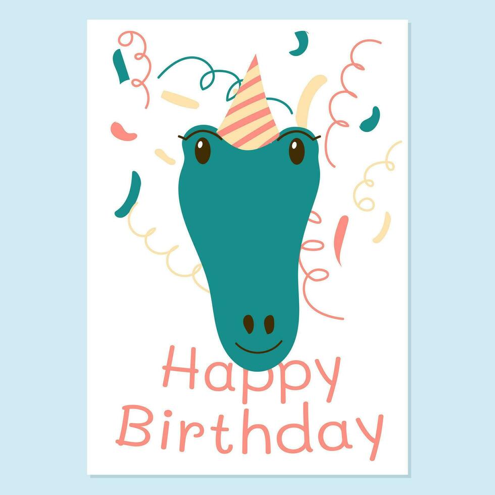 cumpleaños tarjeta. cocodrilo en un festivo sombrero y papel picado. estilo de garabatear y dibujos animados. cumpleaños inscripción. vector ilustración