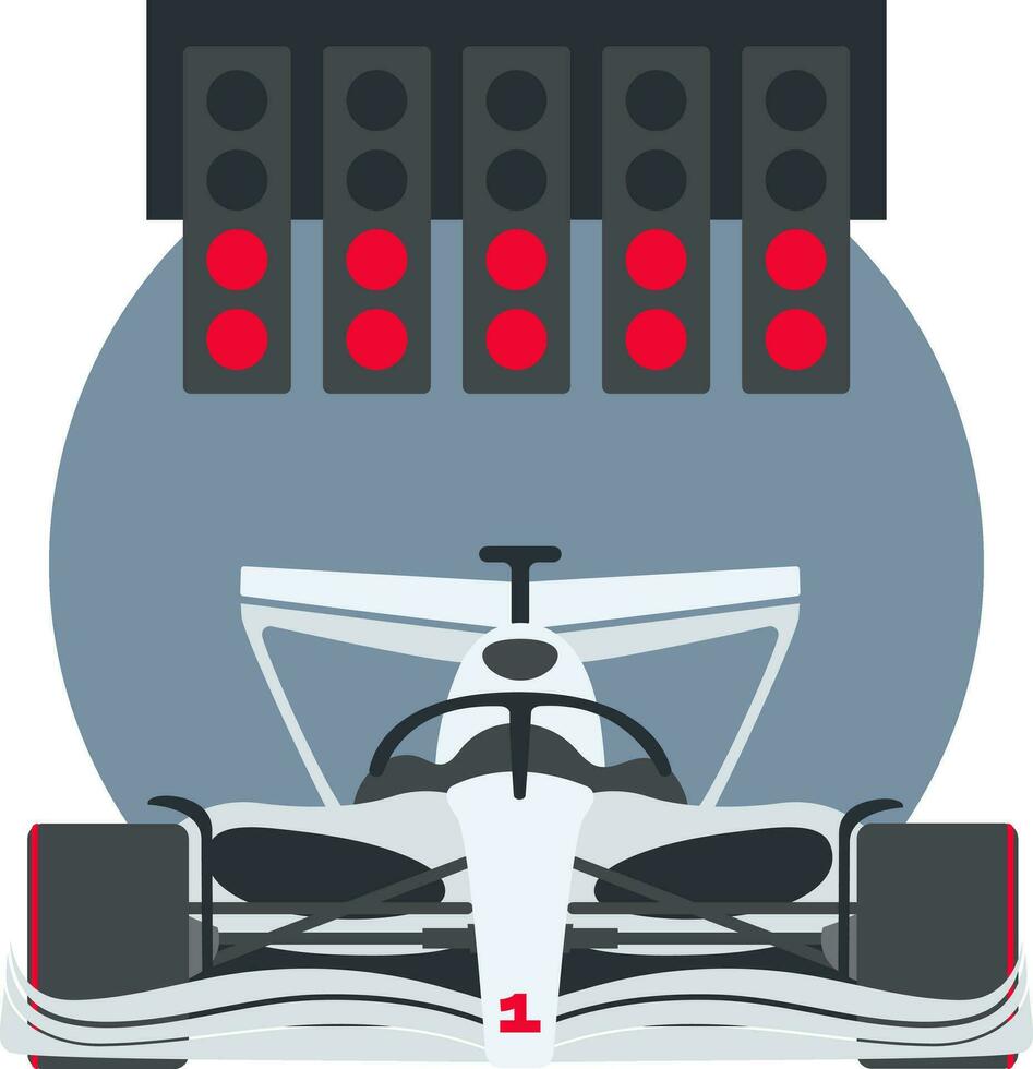 Illustration of a white bolid with a traffic lights on the background of a grey circle. Start of the race. Vector illustration