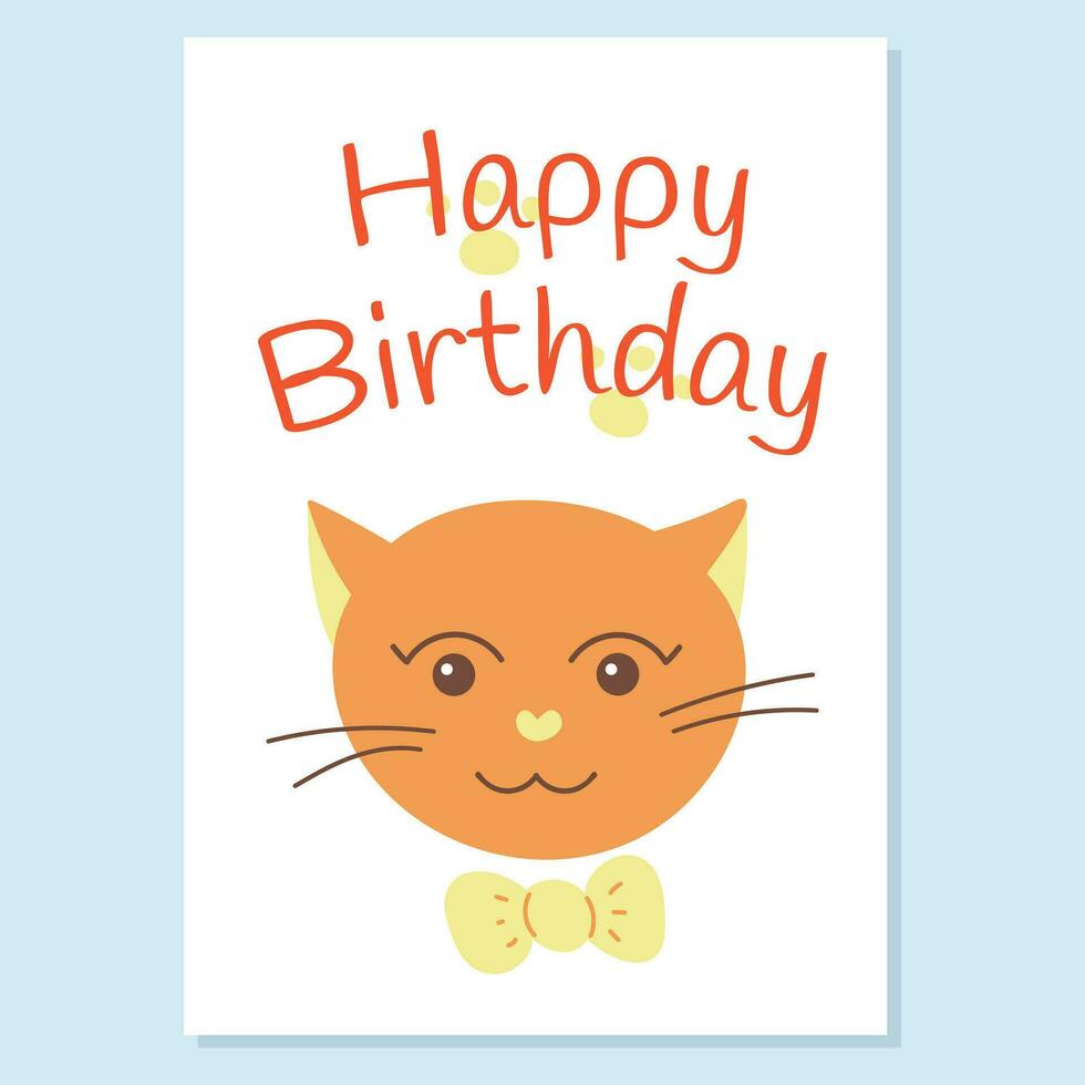 cumpleaños saludo tarjeta. para niños ilustración de un rojo gato con un arco atar. estilo garabatear, dibujos animados. vector ilustración