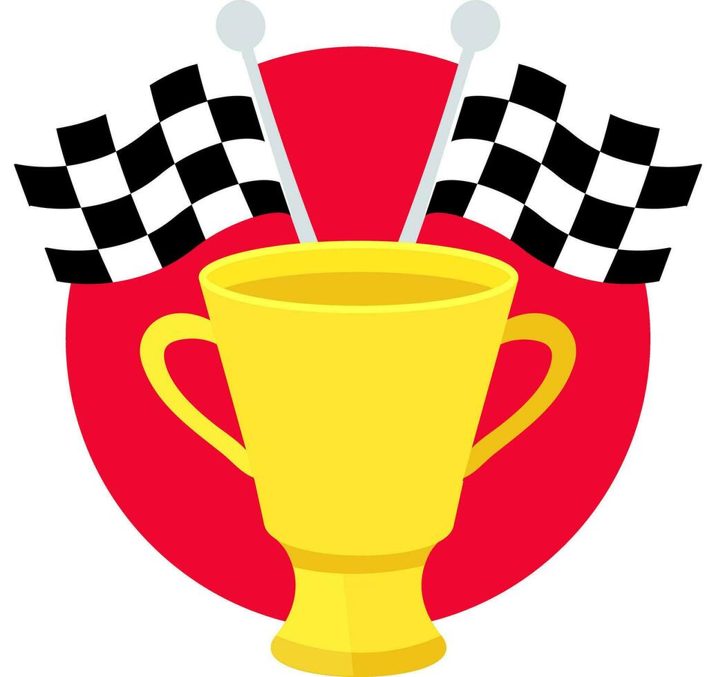 Illustration of an isolated gold cup and a black and white checkered flag on a red circle. Race win. Vector illustration