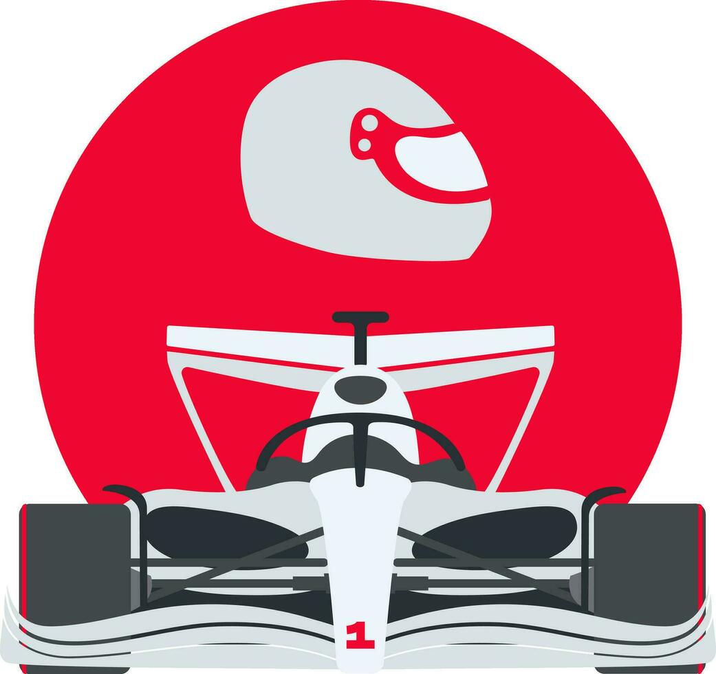 Illustration of a white F1 car with a helmet on the background of a red circle. Finish of the race. Vector illustration