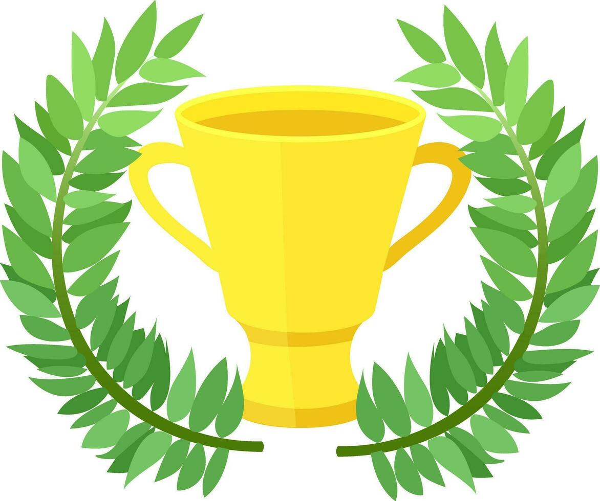 Illustration of an isolated gold cup and a laurel wreath. Race win. Vector illustration