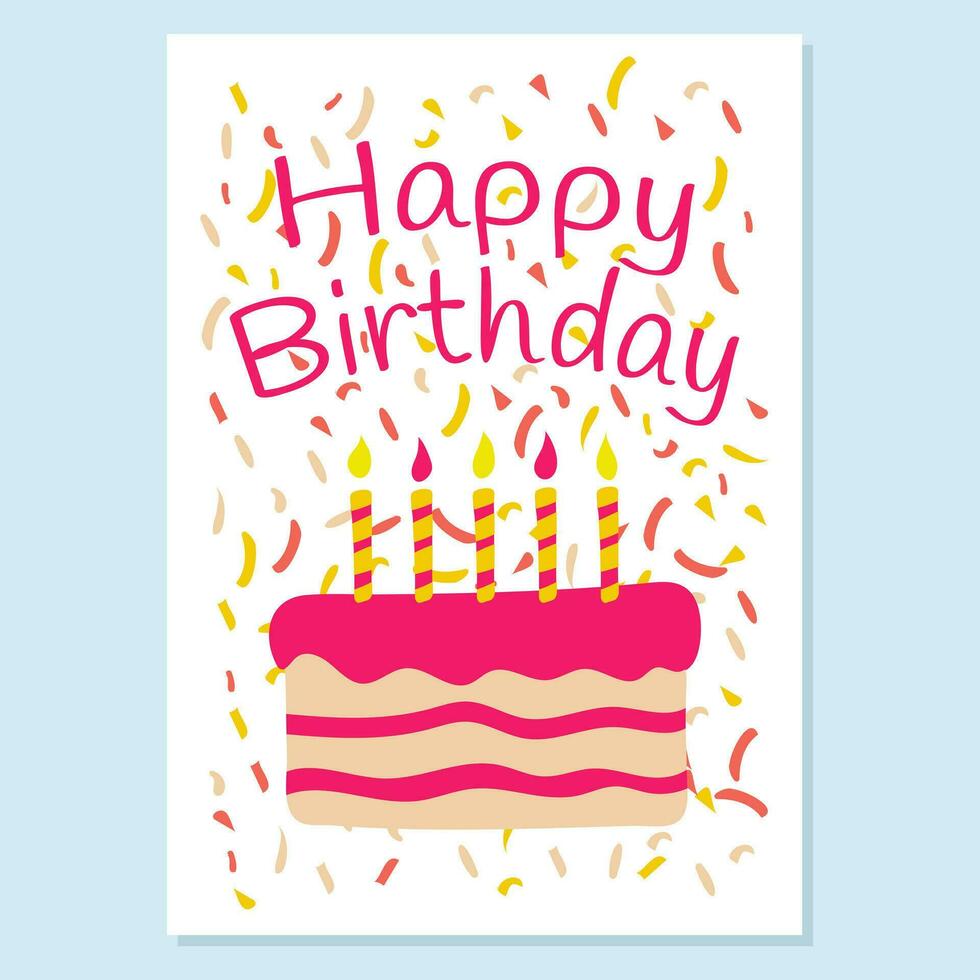 Postcard with birthday greetings. Cake with candles. Doodle style. Vector illustration