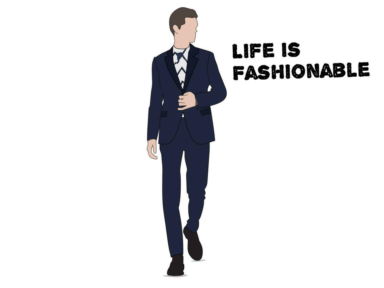 Graphic vector of a male model wearing a patterned blue tuxedo. Men's fashion themed graphic display with the words Life is Fashionable.