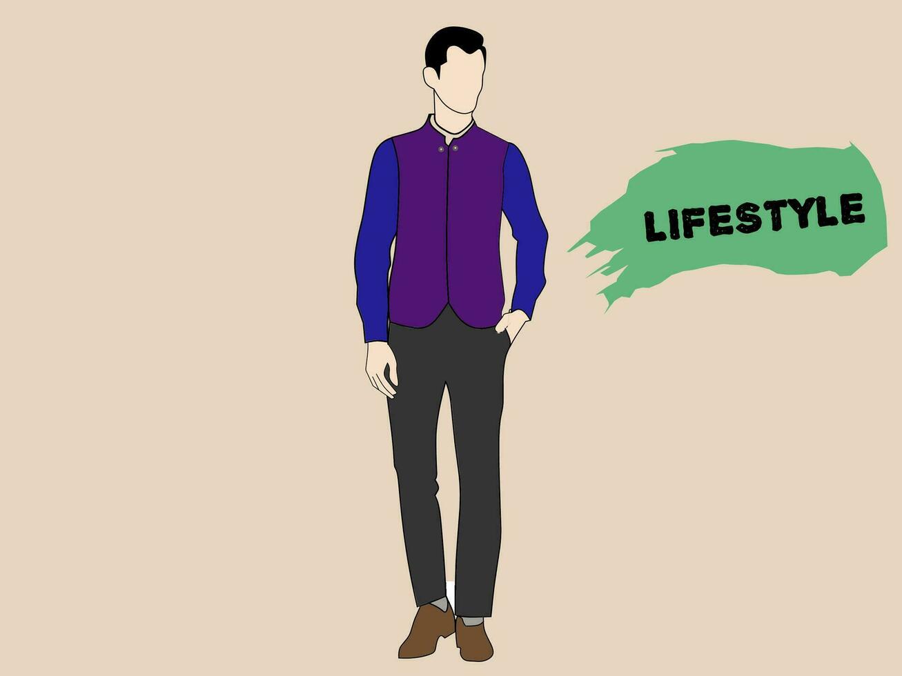 Graphic vector of a man wearing a purple vest coat. Fashion -themed graphic display of formal menswear that reads lifestyle.