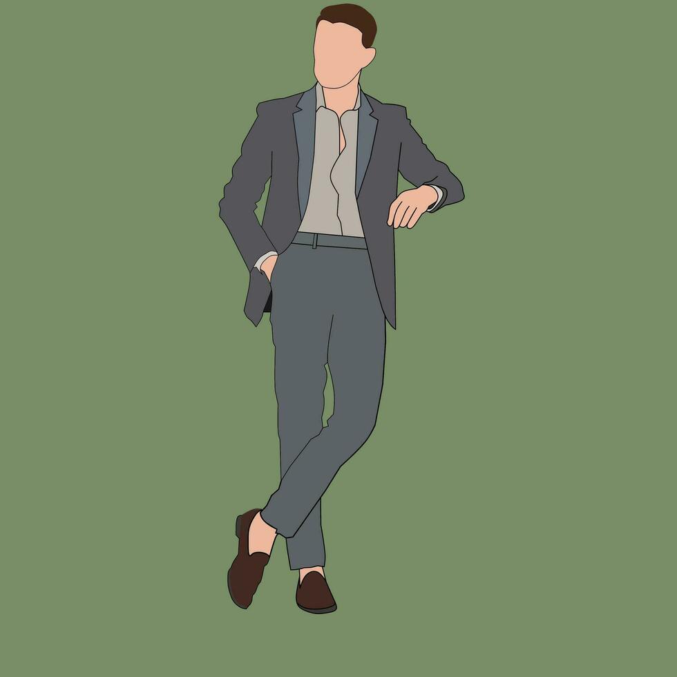 Stylish men with flat faces wear formal casual clothes on a green background. vector