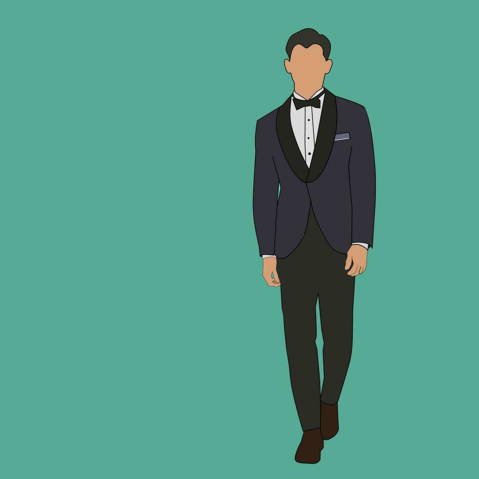 Vector of a flat faced man in a dark purple tuxedo formal dress.