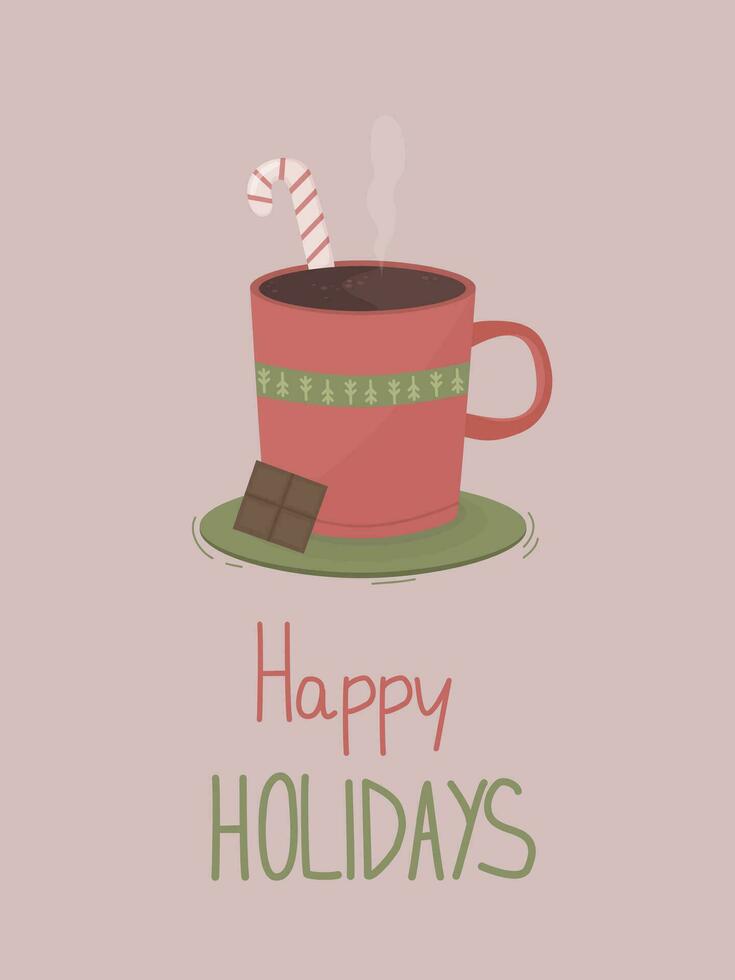 Christmas greeting card with warm drink and chocolate. Vector illustration