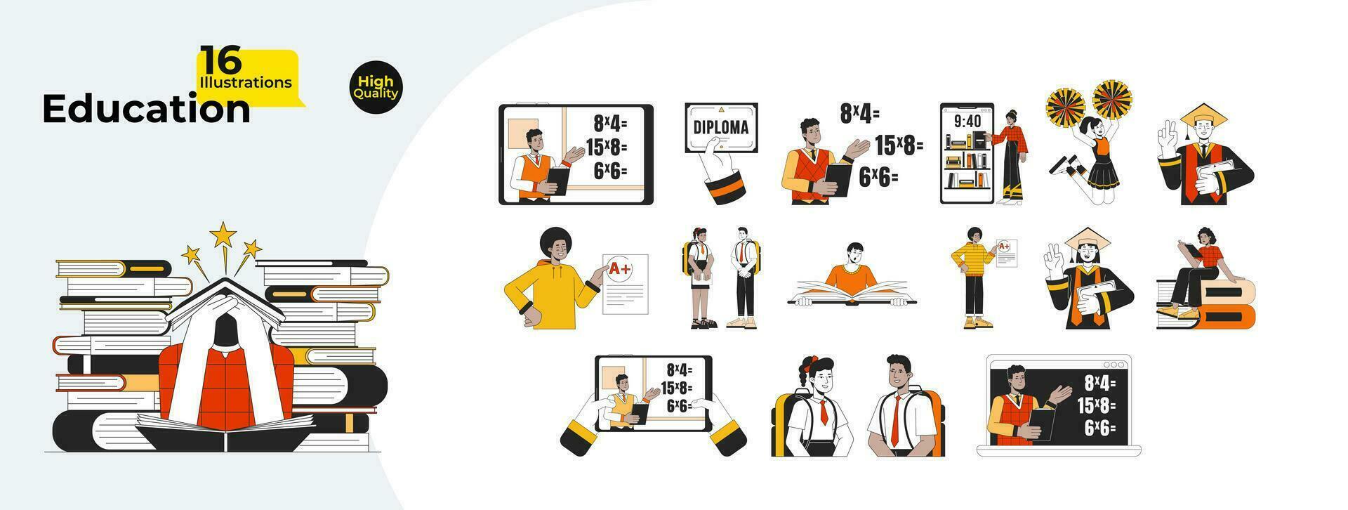 Education studying line cartoon flat illustration bundle. Diverse people school college students 2D lineart characters isolated on white background. Distance learning vector color image collection