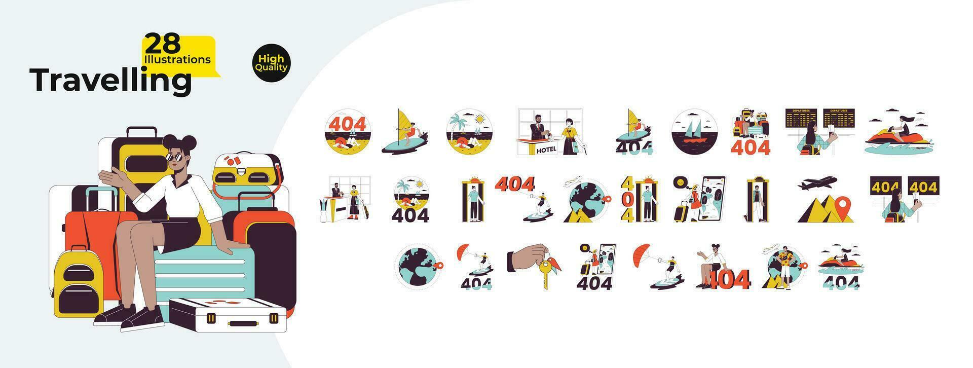 Travel destinations 2D linear illustration concepts bundle. Diverse people travelers cartoon characters isolated on white. Getaway vacation 404 error, abstract flat vector outline graphic collection