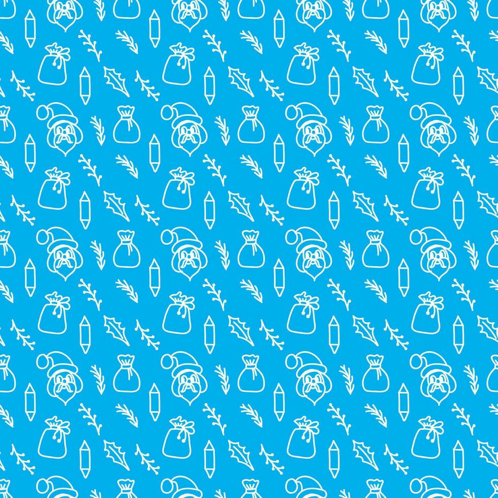 Merry Christmas and Happy New Year seamless pattern in doodle style. Vector illustration on a blue background with white line.