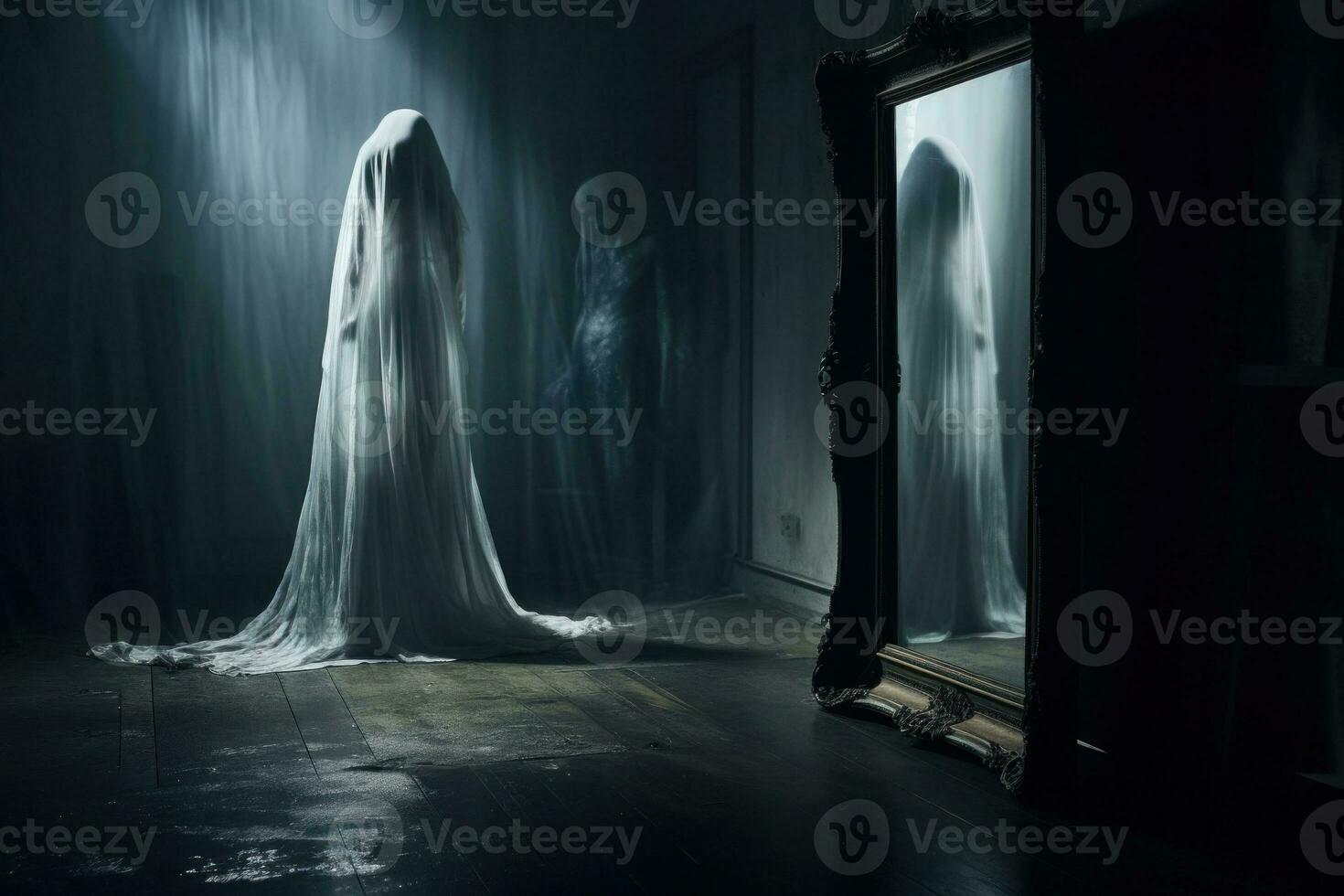 Creepy ghost reflection in mirror. Generative AI photo