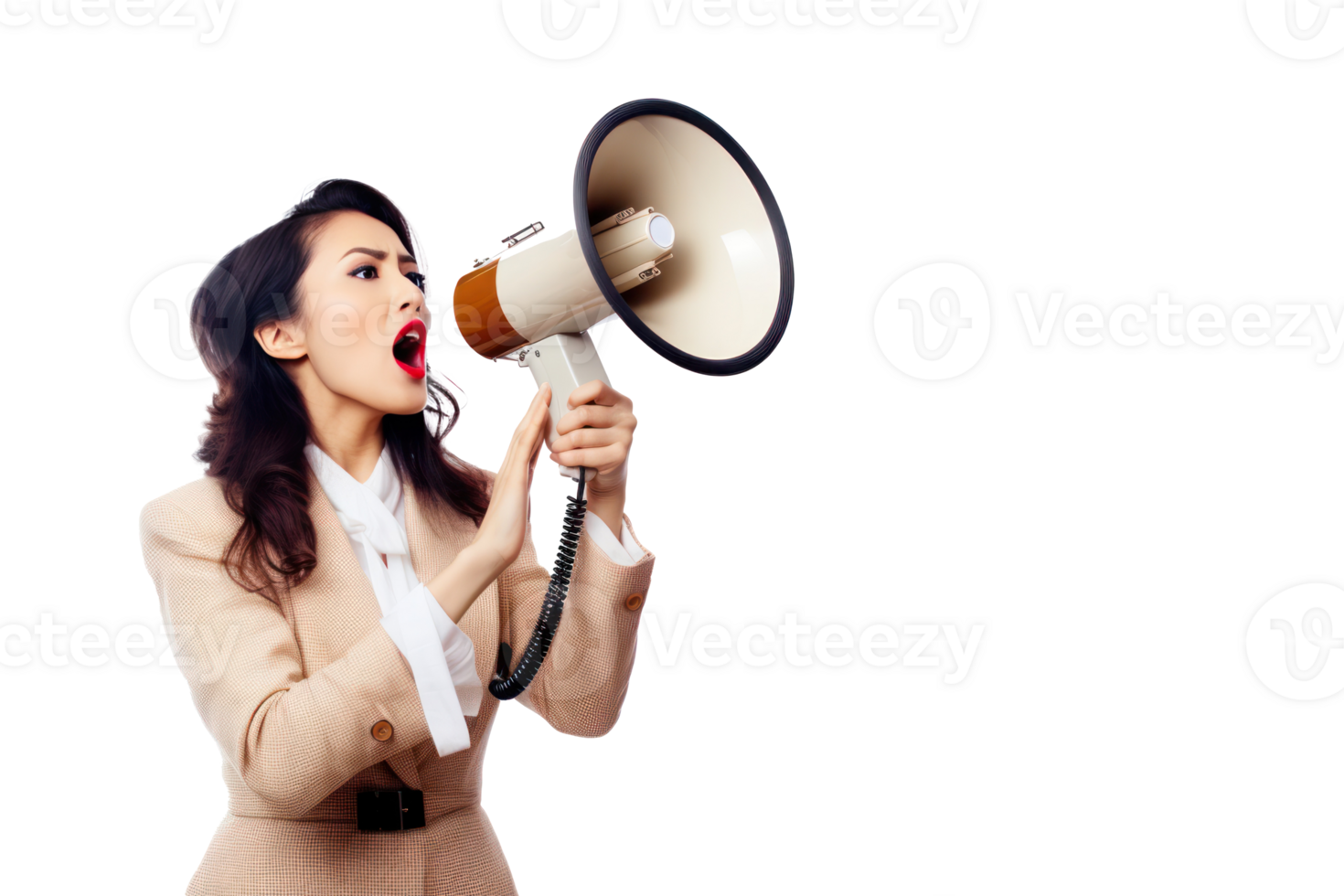 A Chic Brunette Lady Shouting into a Loudspeaker png