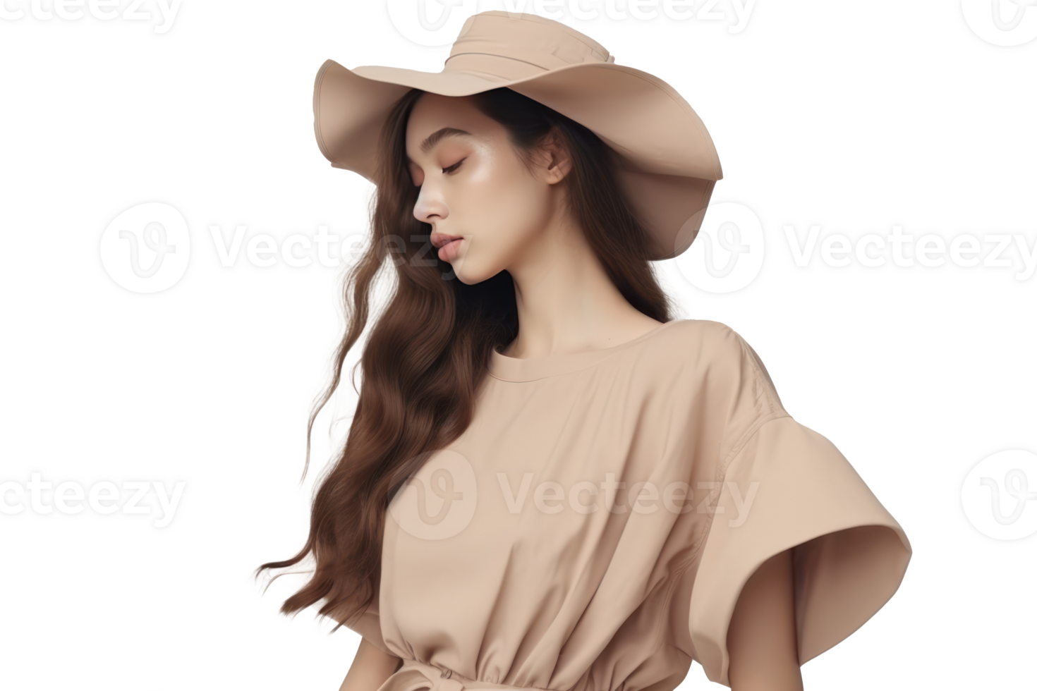 Moda modelo niña en beige vestir png