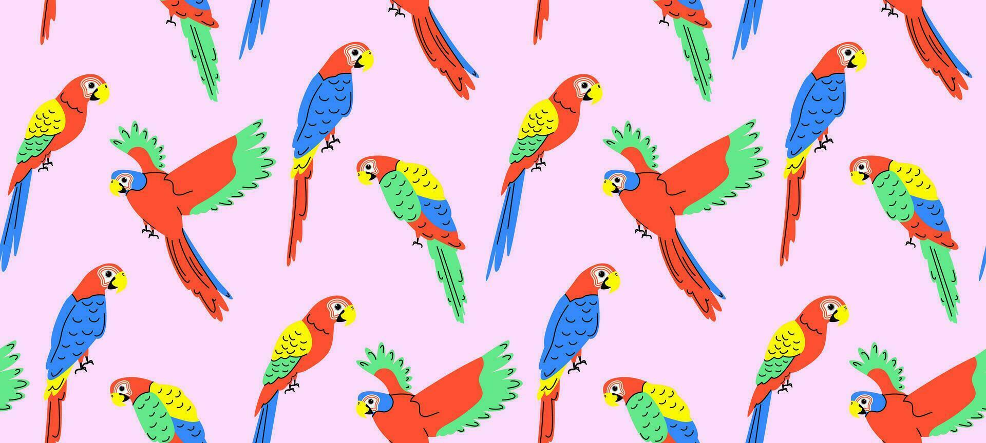 Colorful pattern with parrots in flat style. Vector seamless background with cute parrot characters.