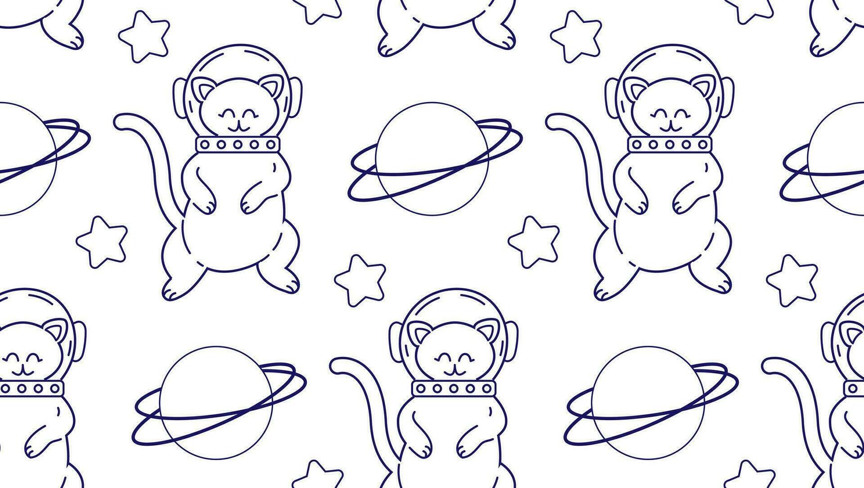 Linear pattern with cute cats in space. Vector seamless pattern of pet characters in doodle style.