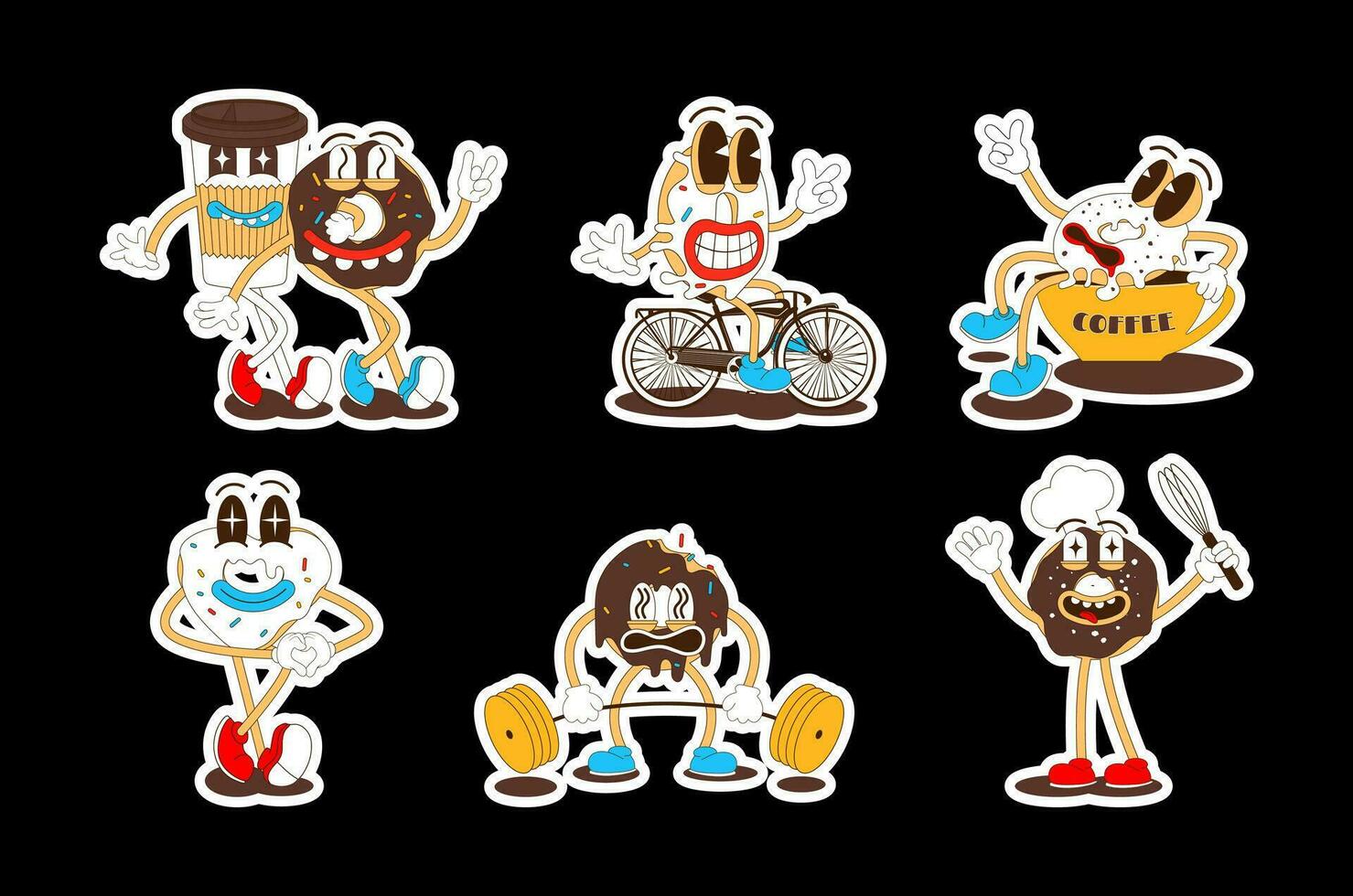 Set of sweets stickers. Cute donut and coffee characters in retro cartoon style. vector