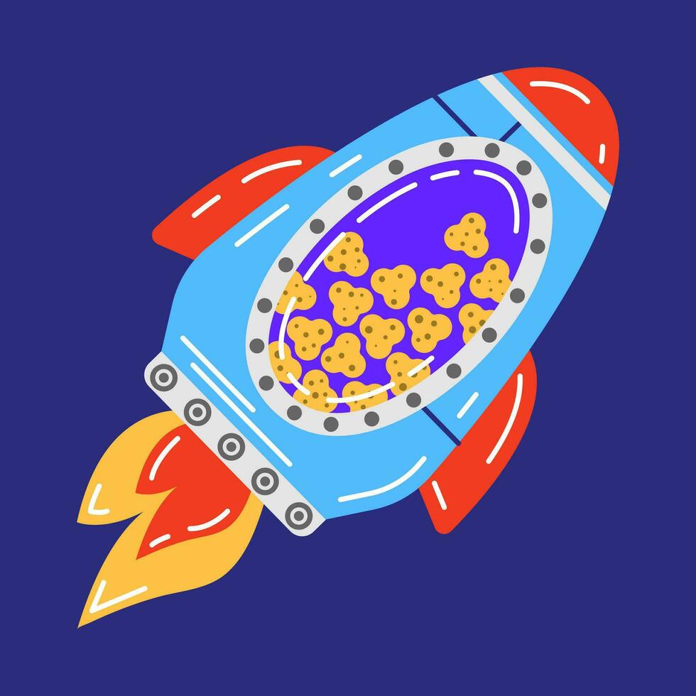 Colorful pet food illustration. Vector illustration of a rocket with animal food. Unusual feeder for pets.