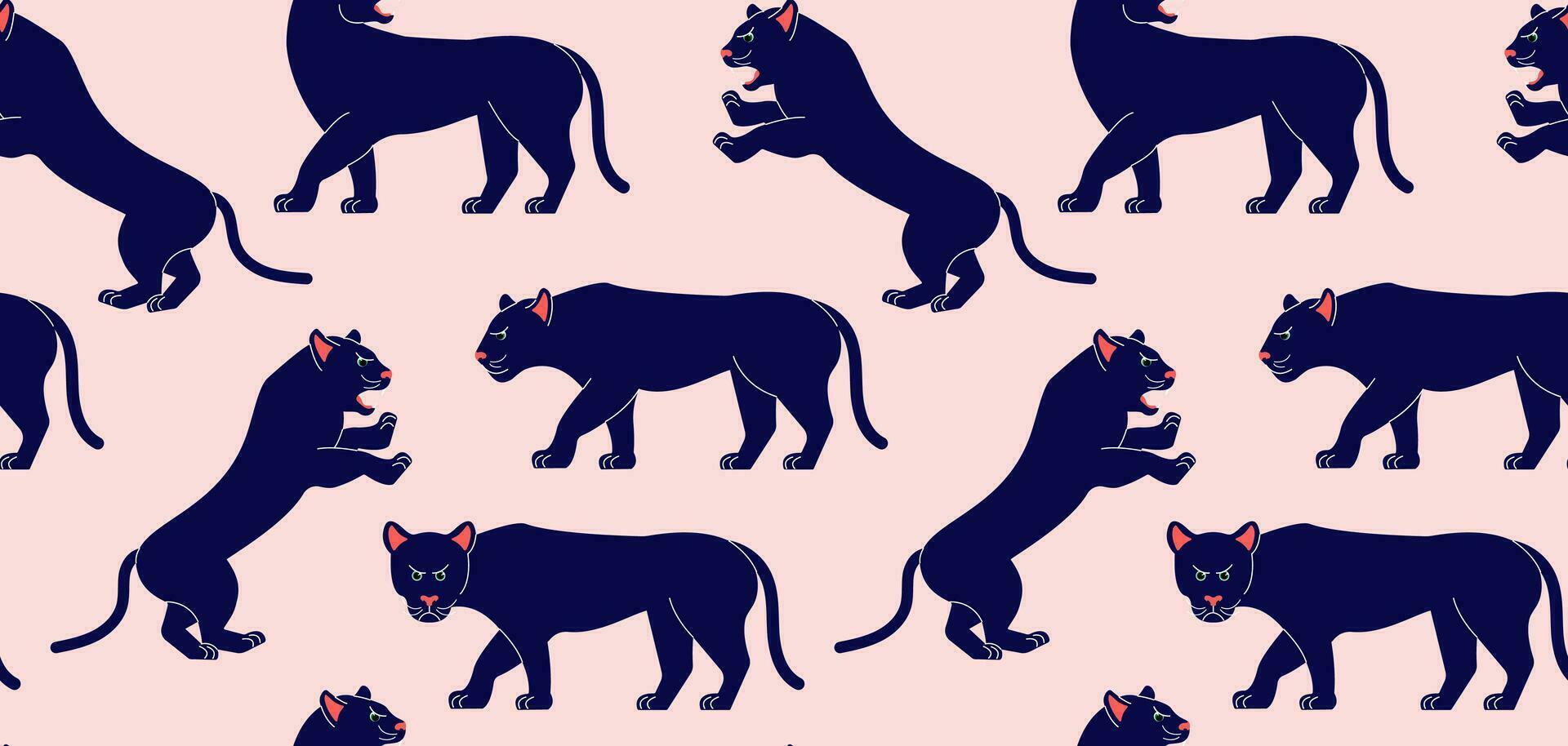 Seamless pattern with panthers on a pink background. Vector abstract background with big cats. African animals.