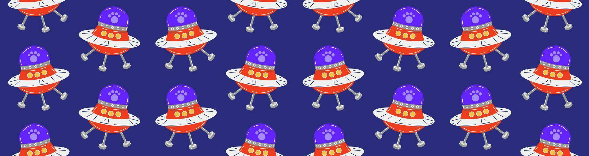 Colorful pattern with cute flying saucer in space. Vector seamless background with UFO and cat paw print in flat cartoon style.