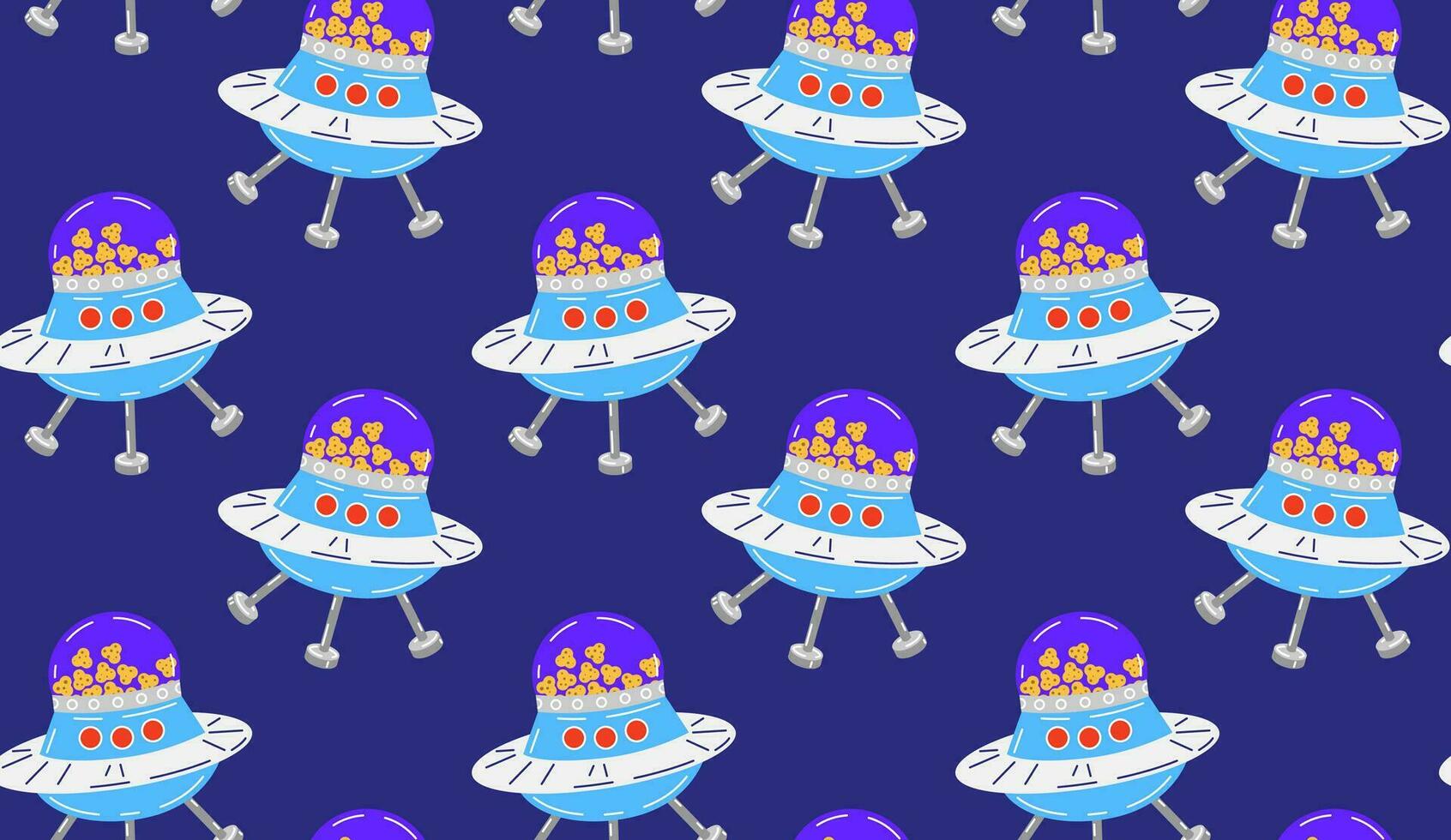 Colorful pattern with a cute flying saucer filled with pet food in space. Vector seamless background in flat cartoon style.