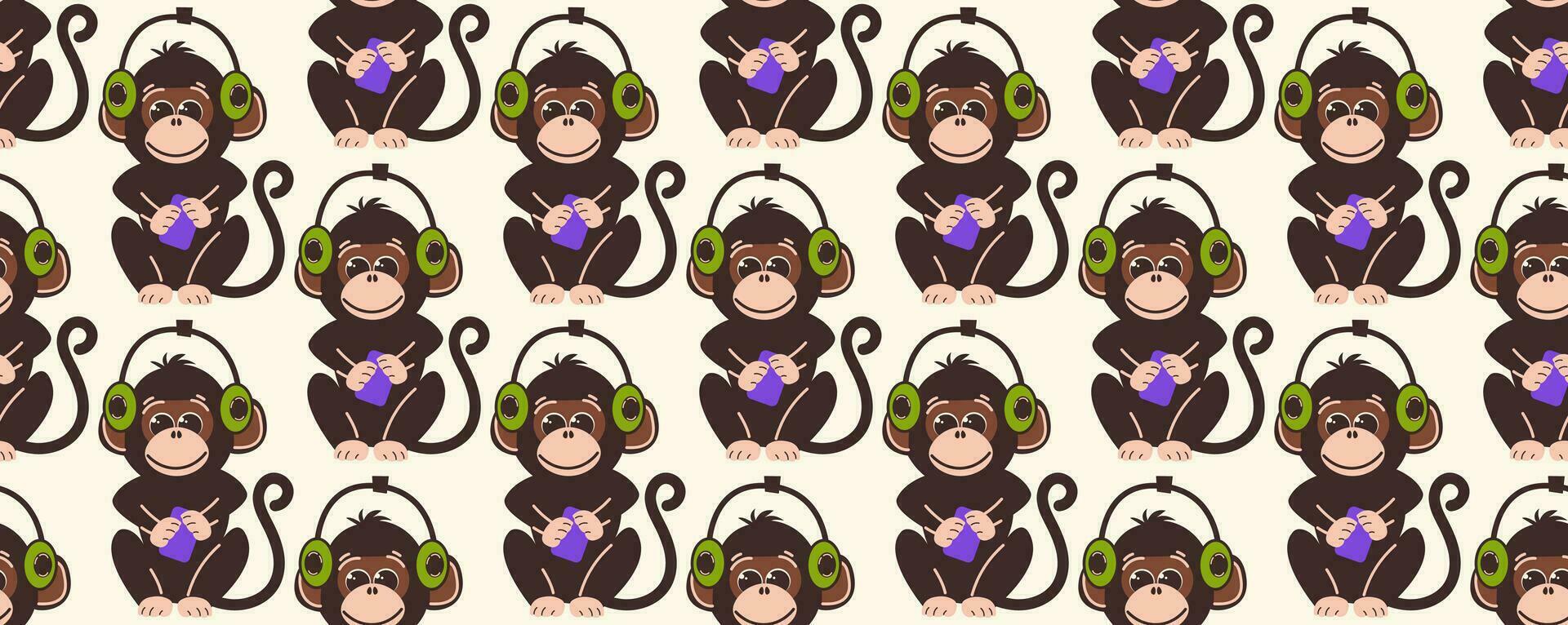 Seamless pattern with monkeys in flat style. Vector background with cute monkey characters wearing headphones.