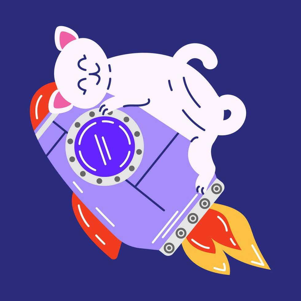 Cute cat hugs a rocket. Vector illustration of a cat character with a rocket flying into space in flat style.