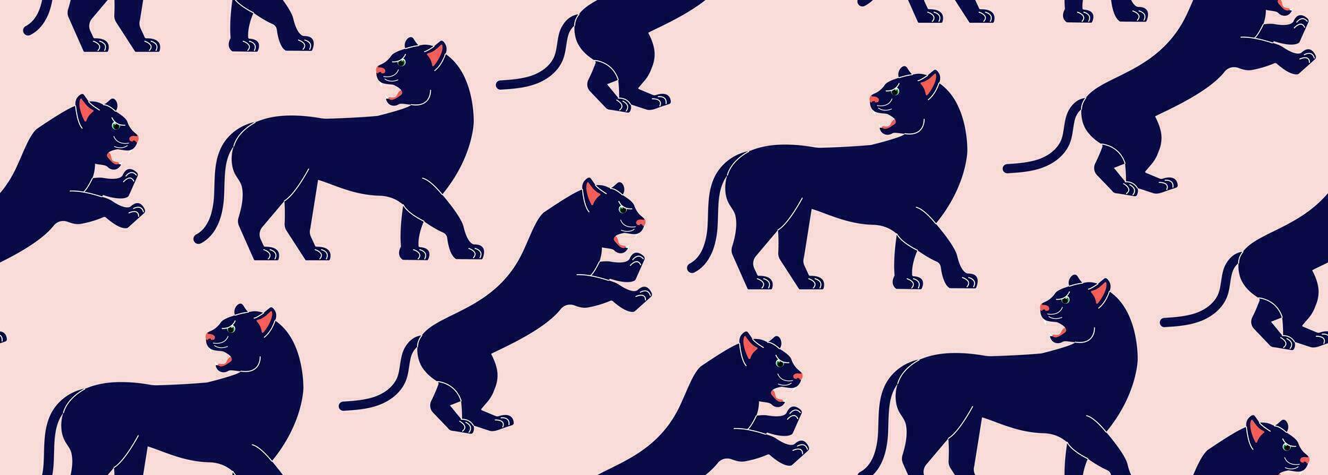 Seamless pattern with panthers on a pink background. Vector abstract background with big cats. African animals.