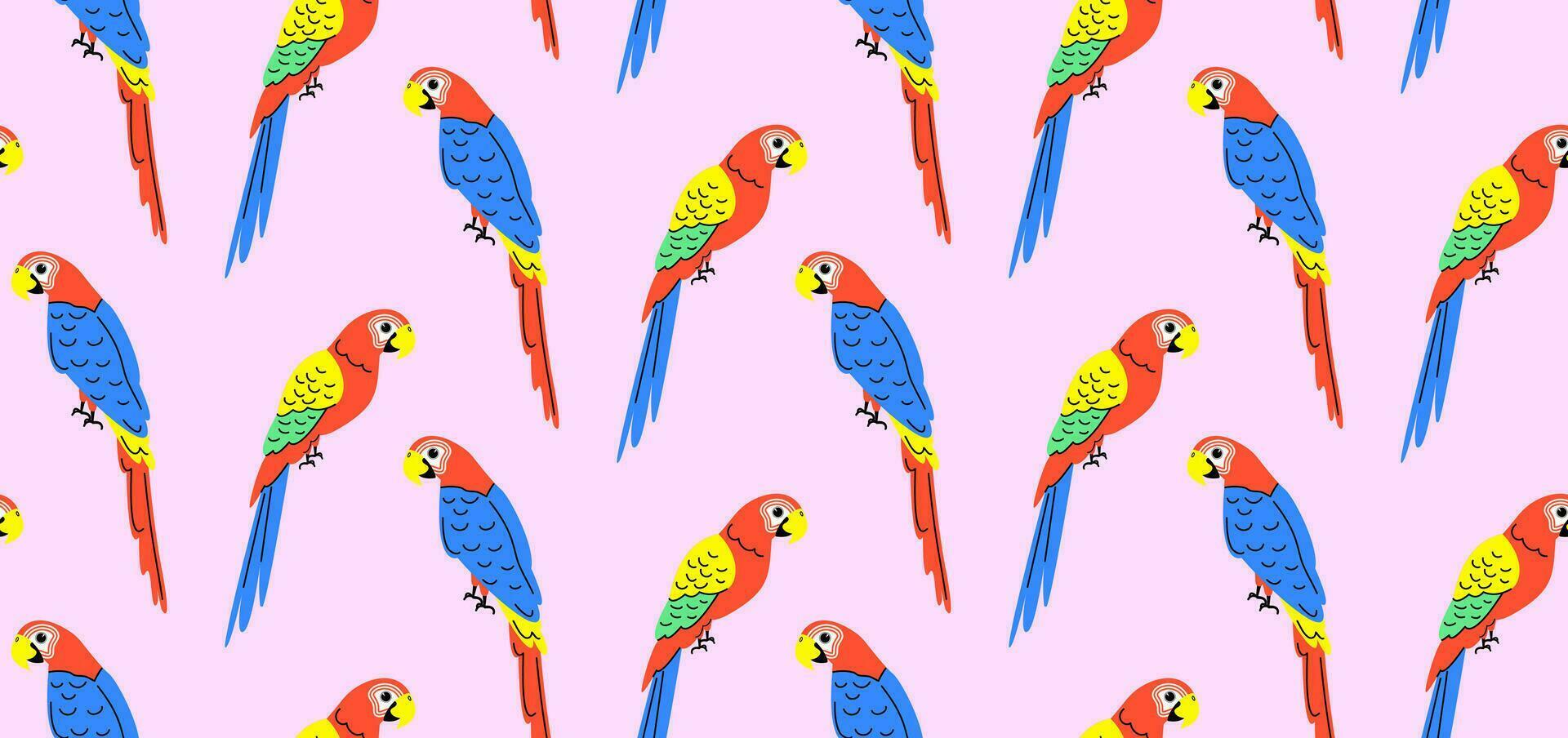 Colorful pattern with parrots in flat style. Vector seamless background with cute parrot characters.