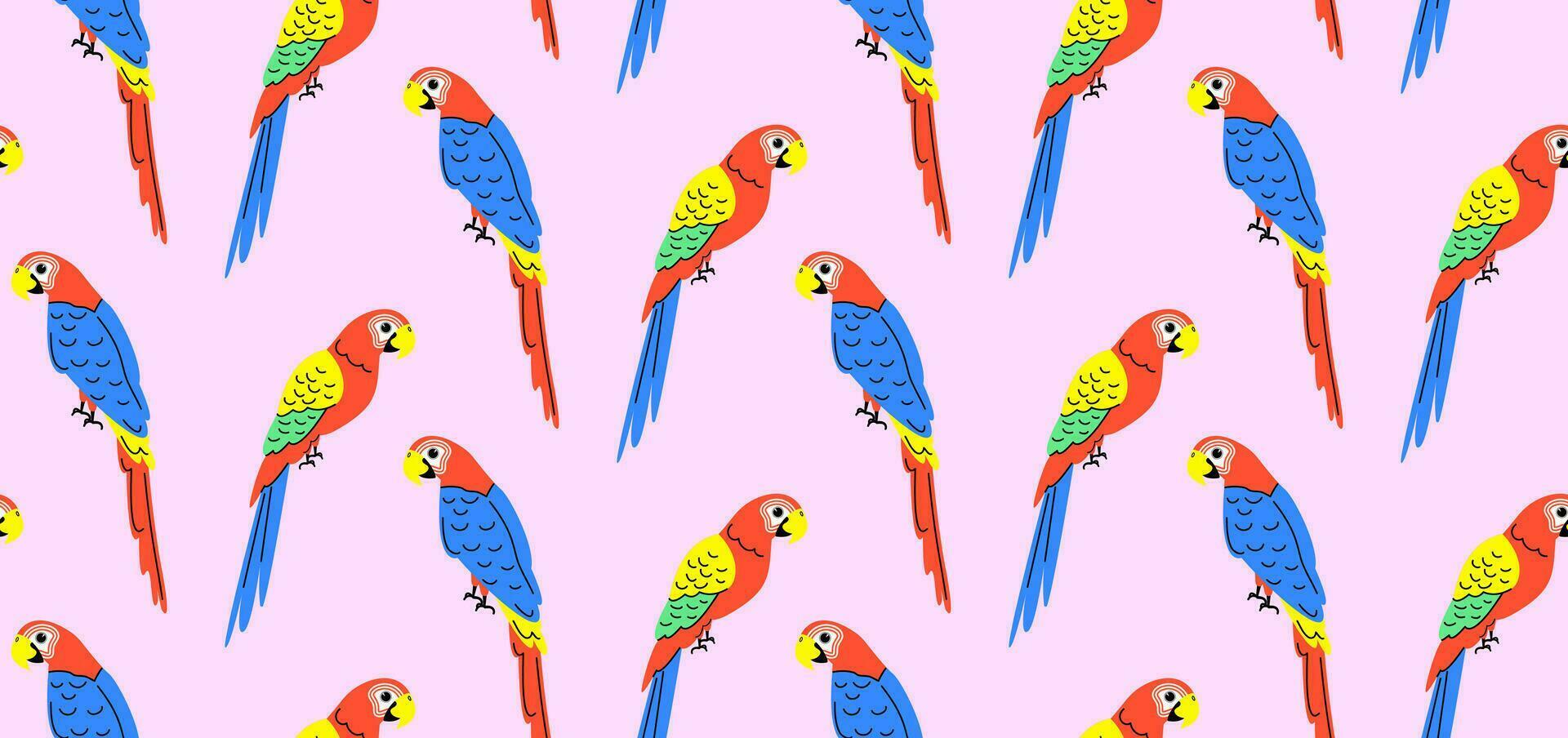 Colorful pattern with parrots in flat style. Vector seamless background with cute parrot characters.