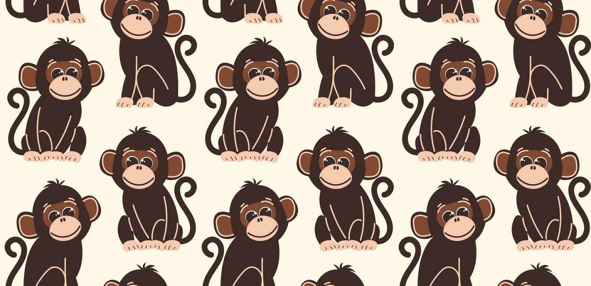 Seamless pattern with monkeys in flat style. Vector background with cute monkey characters in a sitting pose.