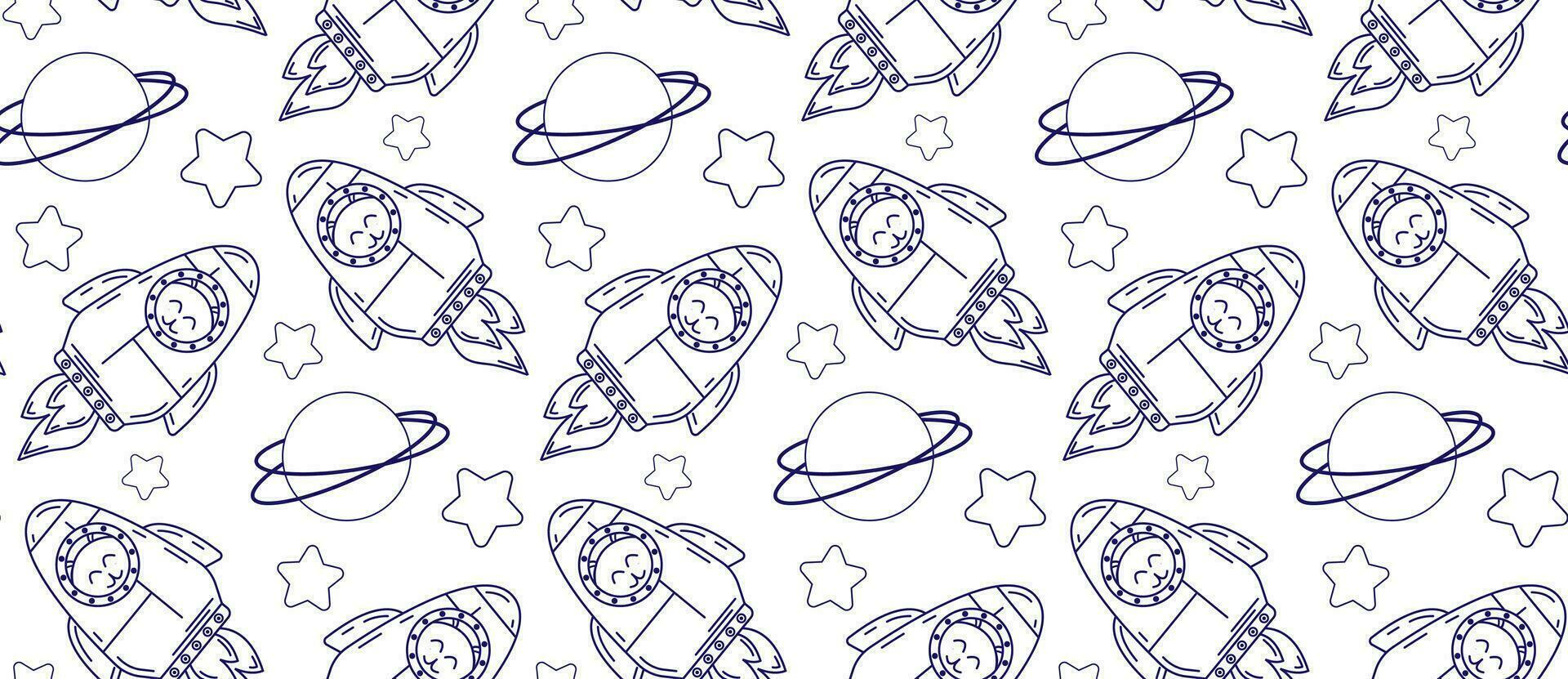 Linear pattern with cute cats in space. Vector seamless pattern of pet characters in doodle style.