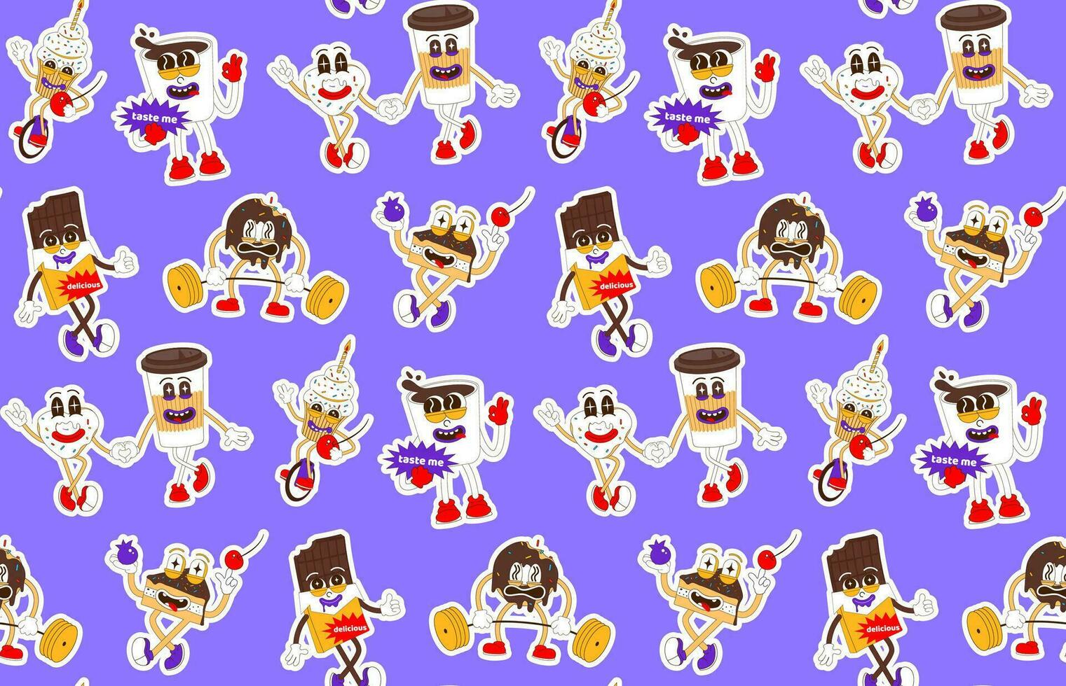 Seamless pattern with stickers of sweets. Vector background with cute chocolate, coffee and donut characters in retro cartoon style.