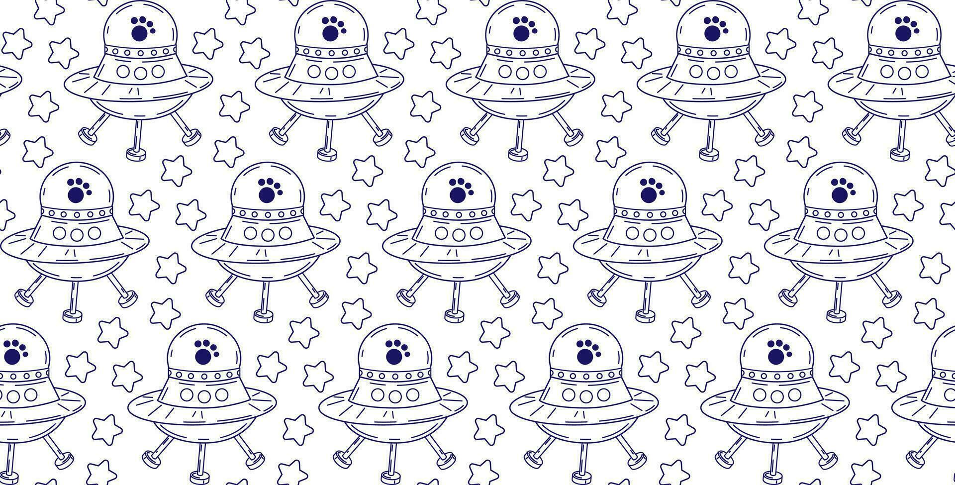 Linear pattern with cute cats in space. Vector seamless pattern of pet characters in doodle style.